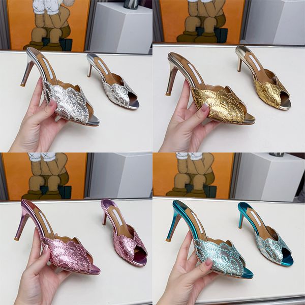 

Luxury Brand Ce Soir Slipper Sandal Designer Mules Heels 8cm 10cm Shiny Dress Heel Sequins Crystals Shoes Scalloped Genuine Leather Sandals 1021, A3