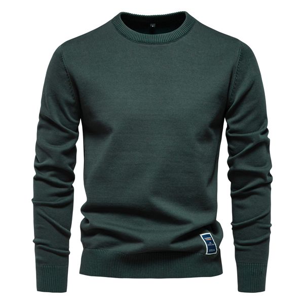 

WOZK new cotton autumn and winter round neck solid color sweater trend men's knitted sweater men's basic top outerwear designer business, Indigo