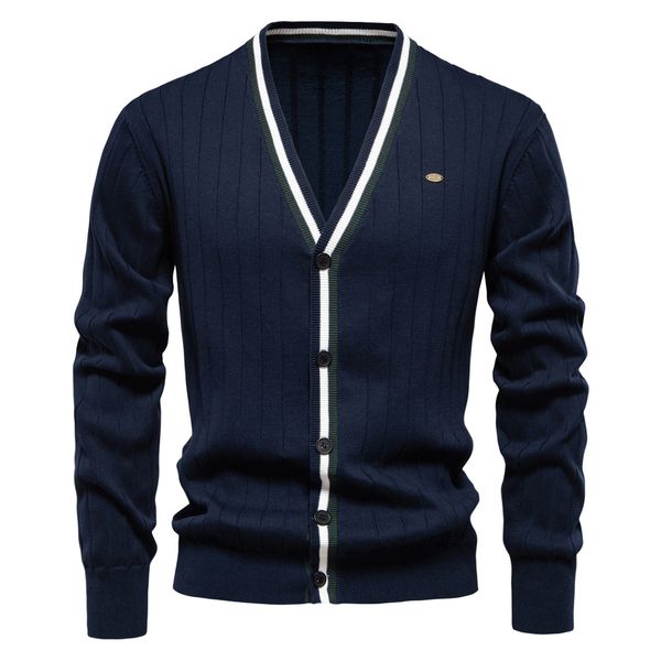 

WOZK autumn and winter new cardigan men's V-neck long sleeved sweater trendy style contrasting border men's knitted jacket, Indigo