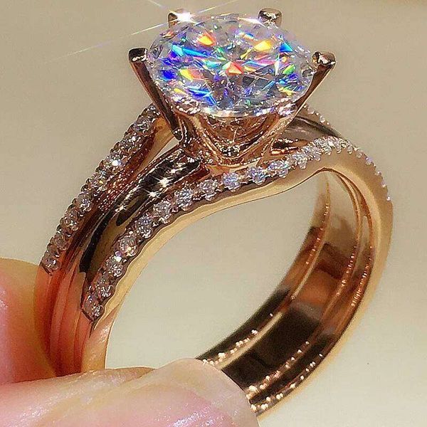 Huitan Luxury Rose Gold Color Cubic Zirconia Rings for Women Aesthetic Wedding Engagement Bands Accessories New Trendy Jewelry
