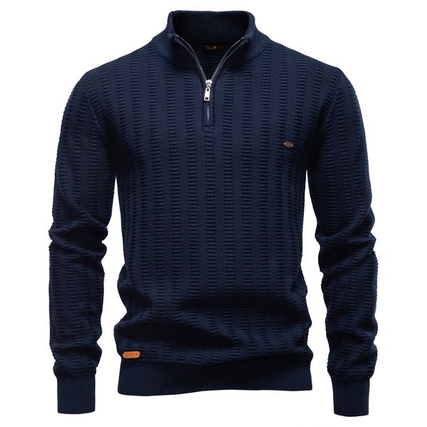 

WOZK autumn and winter new striped jacquard men's sweater half zipper stand up collar business sweater men, Black