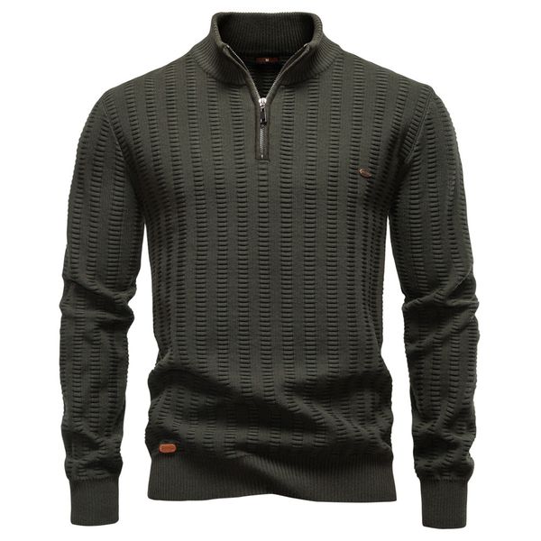 

WOZK autumn and winter new striped jacquard men's sweater half zipper stand up collar business sweater men designer work, Army green