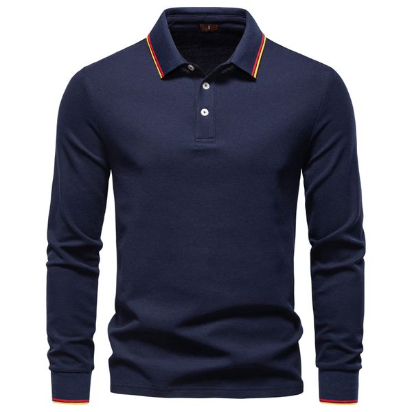 

WOZK autumn new men's long sleeved polo shirt, solid color men's top with lapel, versatile polo shirt for men men's style, Blue