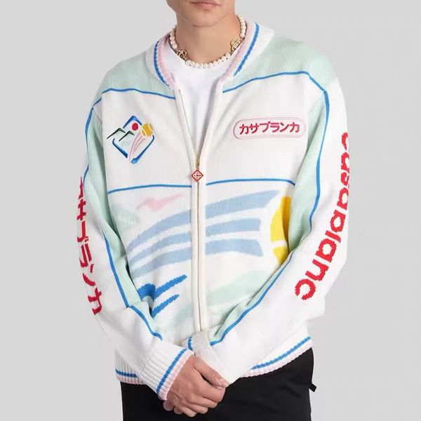 

25ss Casabalnc New Arrival Unisex High-quality Designer Knitted Cardigan Jacket for Autumn and Winter Embroidered Casual Wool Blend Outerwear with Zipper Coat Tops, Olive