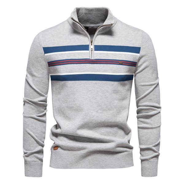 

WOZK Autumn/Winter New Men's Sweater Half Zipper Knitted Sweater Casual Striped Men's Top designer work, Lightgrey