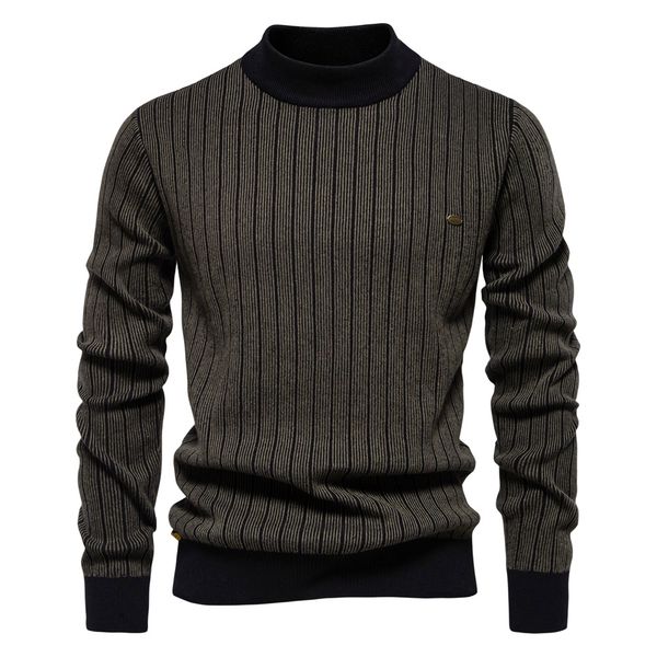 

WOZK autumn and winter new semi high neck slim striped top fashionable high-quality men's pullover sweater warm designer, Green