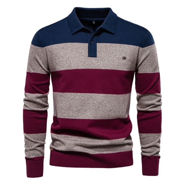 

WOZK autumn new men's long sleeved POLO collar sweater slim fit lapel striped patchwork men's knitted sweater, Gray