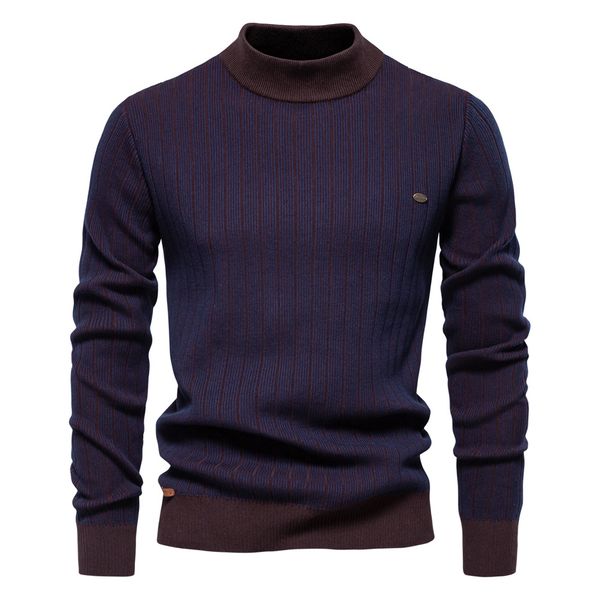 

WOZK autumn and winter new semi high neck slim striped top fashionable high-quality men' pullover sweater warm, Khaki