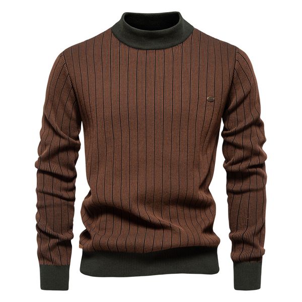 

WOZK autumn and winter new semi high neck slim striped top fashionable high-quality men's pullover sweater, Green