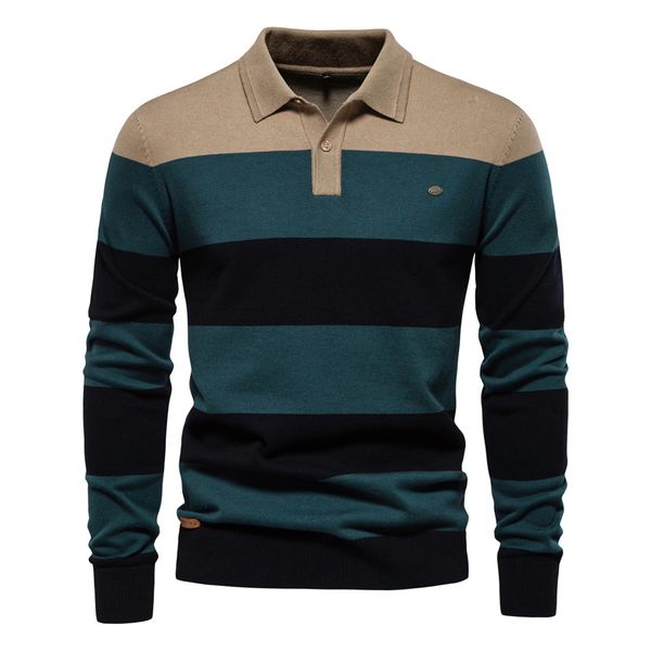 

WOZK autumn new men' long sleeved POLO collar sweater slim fit lapel striped patchwork men' knitted sweater designer work, Khaki