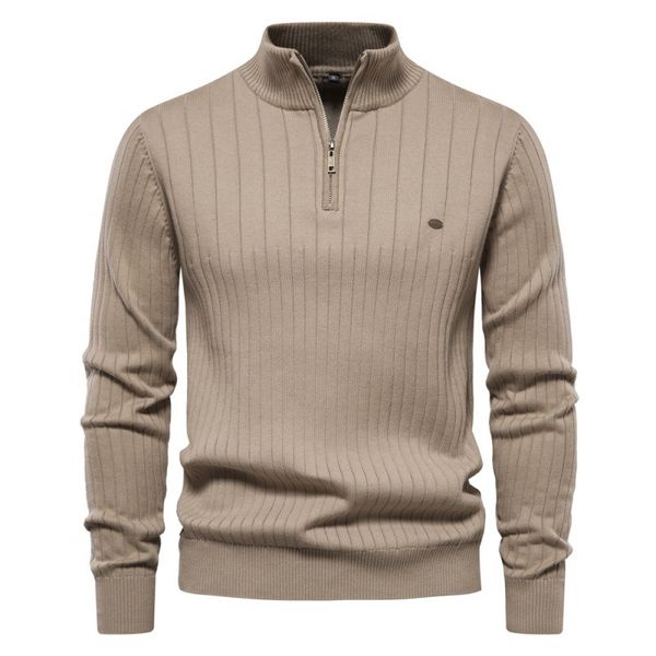 

WOZK stand up collar cotton men's sweater casual half zipper solid color pullover high-quality men's knitted sweater designer, Brown