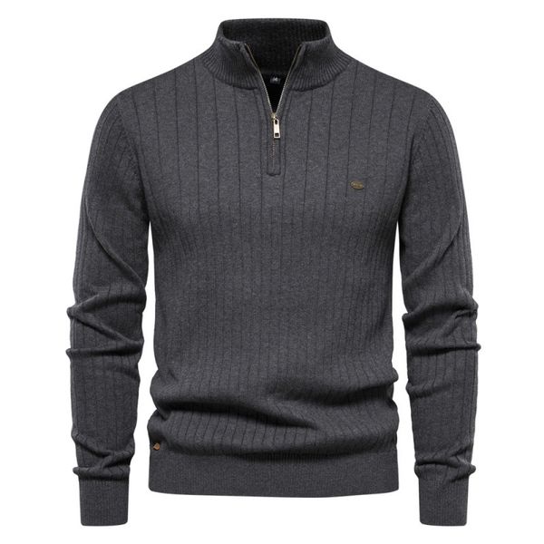 

WOZK stand up collar cotton men' sweater casual half zipper solid color pullover high-quality men' knitted sweater designer warm, Dark gray