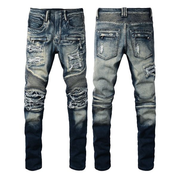 

WOZK handmade worn-out motorcycle style distressed slim fit elastic high street trendy cycling motorcycle jeans for men designer, Multi