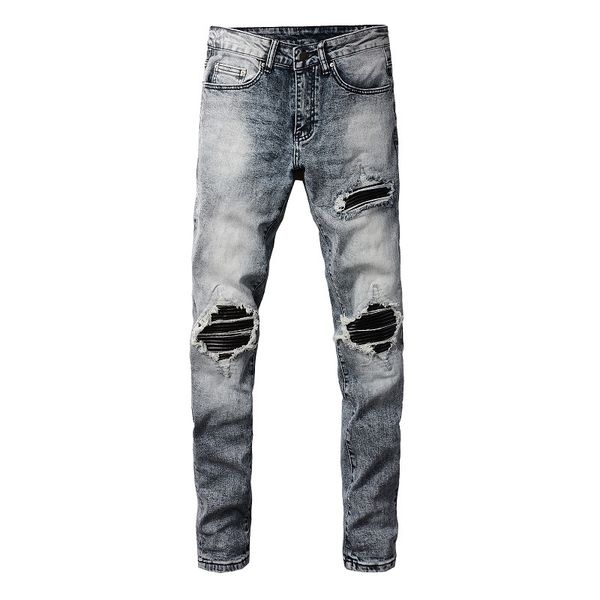 

WOZK Retro Jeans Men's Trendy PU Leather Piercing Patch Slimming Men's Pants Fashion Pants, A1338