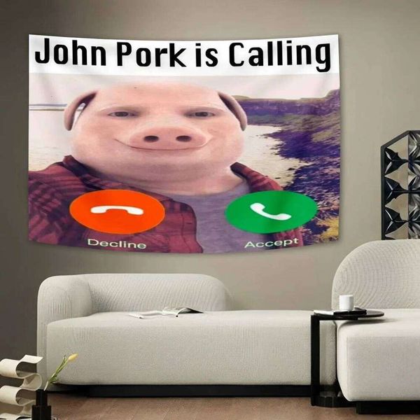 Humor Funny Pig Tapestry Wall Haning Banners For John Pork Is Calling Answer Call Phone Room Decoration 25T1230