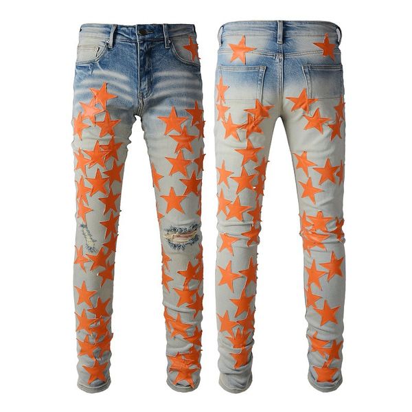 

WOZK fashionable casual slim fit handsome jeans men's PU five pointed star patch splicing trend high street broken hole star, A694