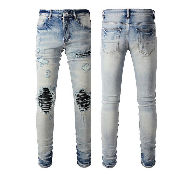

WOZK Retro Jeans Men's Trendy PU Leather Piercing Patch Slimming Men's Pants Fashion Pants designer work, A1338
