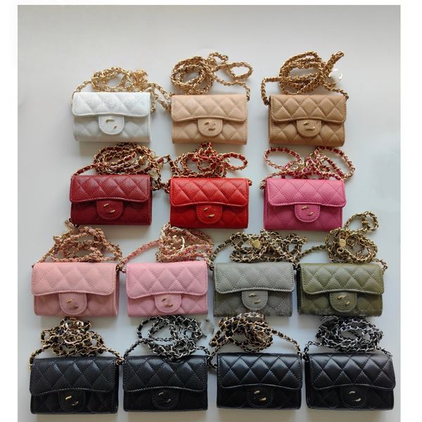 Designer Mini Genuine Leather Flap Bag with Chain - Quilted Caviar Crossbody Card Holder Wallet