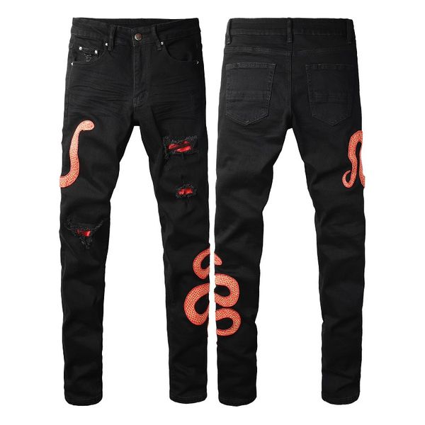 

WOZK High Street Retro Jeans Men's Pants Embroidered Snake Slimming Small Foot Men's Fashion Brand Pants designer, Black