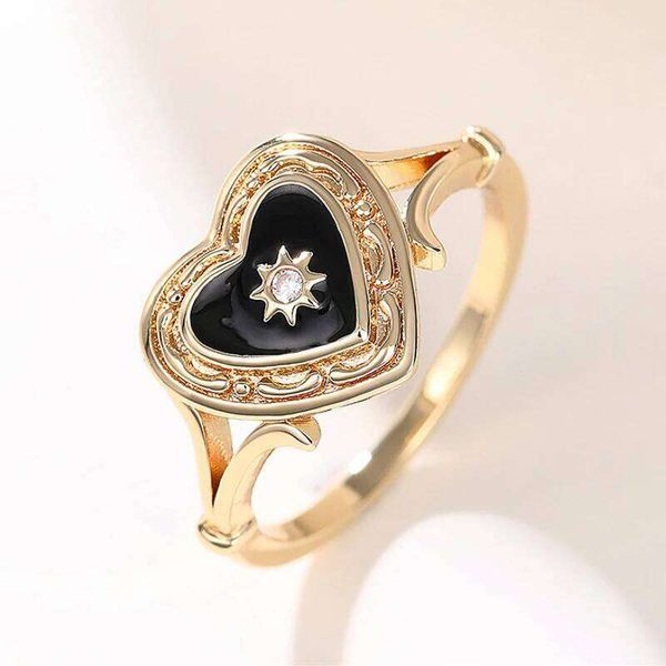 Huitan Black Heart Enamel with Shiny Sun Design New Rings for Women Wedding Party Statement Female Accessories Jewelry