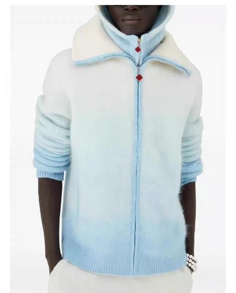 

25ss Casabalnc High-quality New Designer Zip-up Loose-fit Lapel Pocket Wool Knit Cardigan Jackets Men and Women Gradient Color Long-sleeve Winter Knitted Sweater Coat, Darkcyan