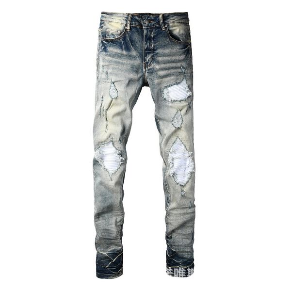 

WOZK trendy ripped jeans slim fit elastic graffiti jeans fashionable patch men's pants, Light sky blue