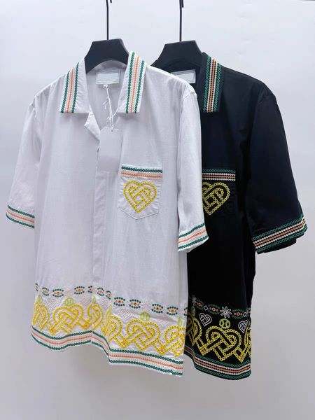 

25ss Casabalnc High Quality New Casual Linen Shirt Hawaiian Embroidered Love Pattern Men and Women Designer Chest Pocket Lapel Short Sleeve Silk Cardigan Top Shirts, Contrast color