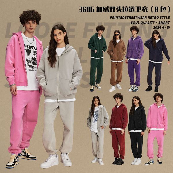 

2024 Autumn Winter New Wax Dye Vintage Trendy Men' Oversized Loose Washed Fleece Hoodie, Batik light gray