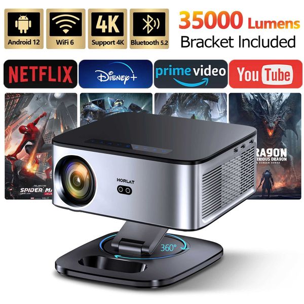 Horlat 2025 4K UHD Projector 35000 Lumens Android WiFi 6 BT5.2 64G Native1080P Full HD Home Theater Movie Projector for Netflix l250702