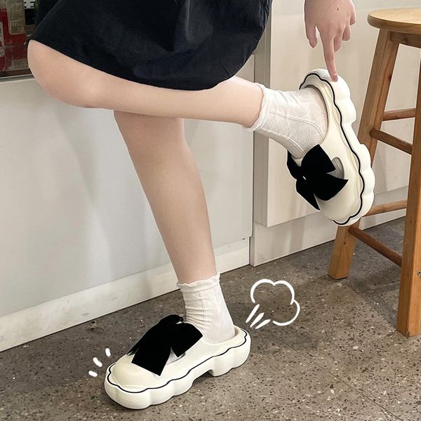 

womens summer indoor slippers with antislip butterfly bow cool mop design, White