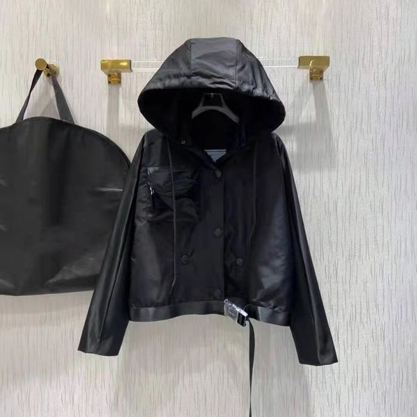 

Women's Jackets Designer Triangle bag nylon series three-dimensional pocket trendy hooded windbreaker jacket, Black