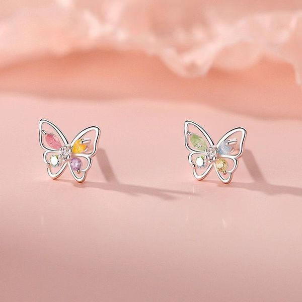 

S925 Silver Minimalist Women's Colorful Diamond Butterfly Ear Studs, Small and Sweet, Girlish, Fresh - Style, Summer Trendy, Light - Luxury Ear Accessories