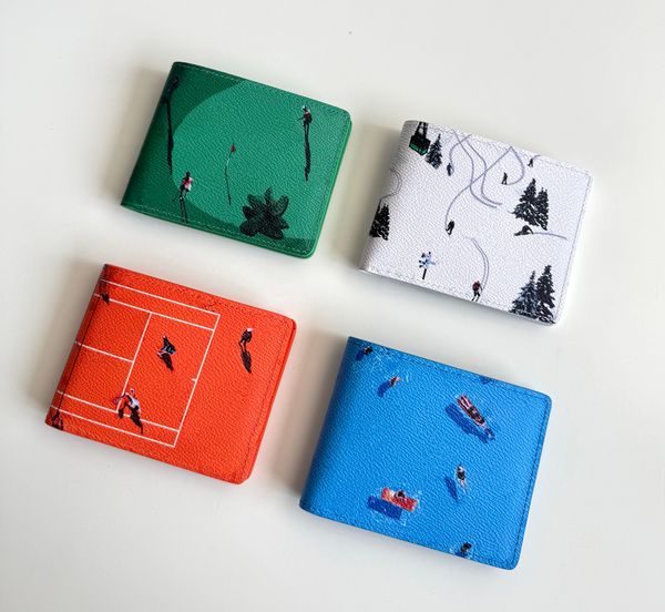 

10A Genuine Leather Designer Slender Wallet Mens Classic Floral Monogrammed Short Purse Mirror Quality Sports Scene Pattern Card Holder With Box Dust Bag 215, C3