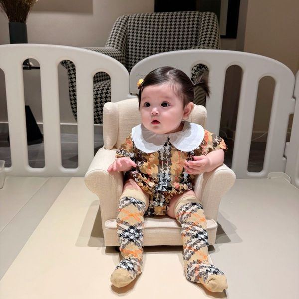 Newborn Girl Romper Clothes Print Cute New Born Baby Girls Jumpsuits B White Baby Collar Check Hip Wrap Cotton with Elastic Check Fabric Soft Breathable