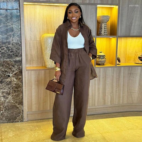 

Women's Two Piece Pants Cotton Linen Set Women Spring Summer Loose Oversize Long Sleeve Shirt 2 Sets Casual Office Ladies Trousers Suit, Dark brown