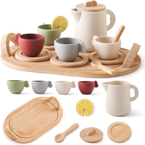 Wooden Tea Party Set for Little Girls 14pcs Toddler Tea Set with Silicone Teapot Cups Carrying Tray Scoop Kids Kitchen Accessories toys for 3-6 Year Old Girl Gift