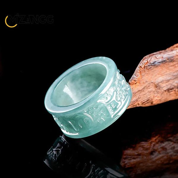 High-grade Natural A Goods Jadeite Blue Water Six-word Ring Three-dimensional Carved for Men and Women Jewelry Charm Gift 250701