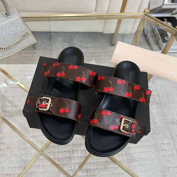 

Designer Slides Women Leather Slides Double Buckle Cherry Sandals Comfortable Bom Dia Flat Slides Cherry Shoes Casual Slides 877, A1