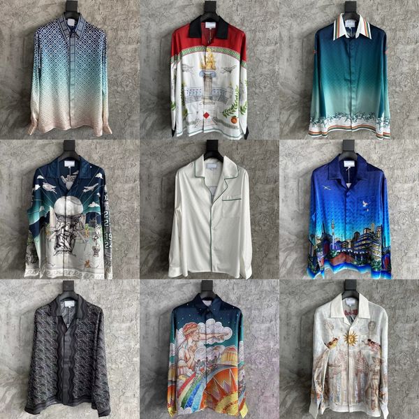 

25ss casabalnc high quality new fashion designer casual silk shirt hawaiian jacquard print thin men's loose long-sleeved pocketed tops trendy lapel cardigan shirts, Contrast color