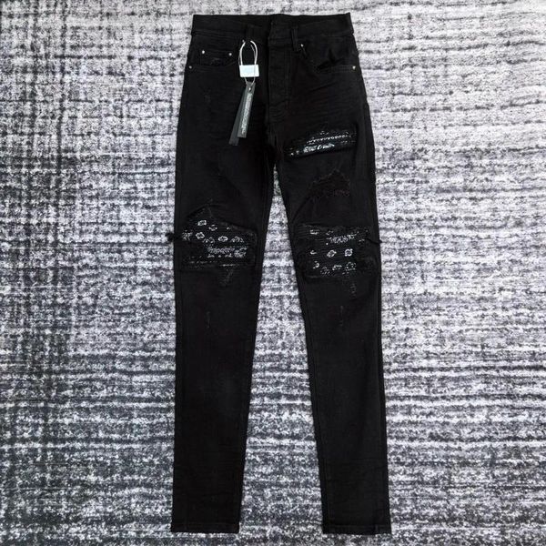 

Men's Jeans Men Paisley Florals Prints Leather Ribbed Patch Distressed Black, Picture shown