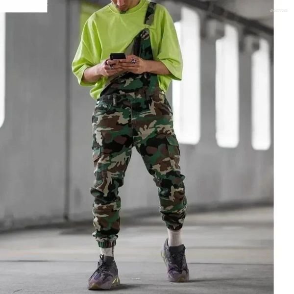 

Men's Pants Camouflage Strap Long Overalls Cross Button Man Casual Jeans One Piece Jumpsuit Denim Cargo Male
