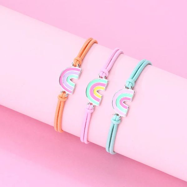 3Pcs/Set Cute Colorful Rainbow Children's Bracelet Adjustable Rope Braided Bff Best Friend Charm Jewelry Gift For Kids