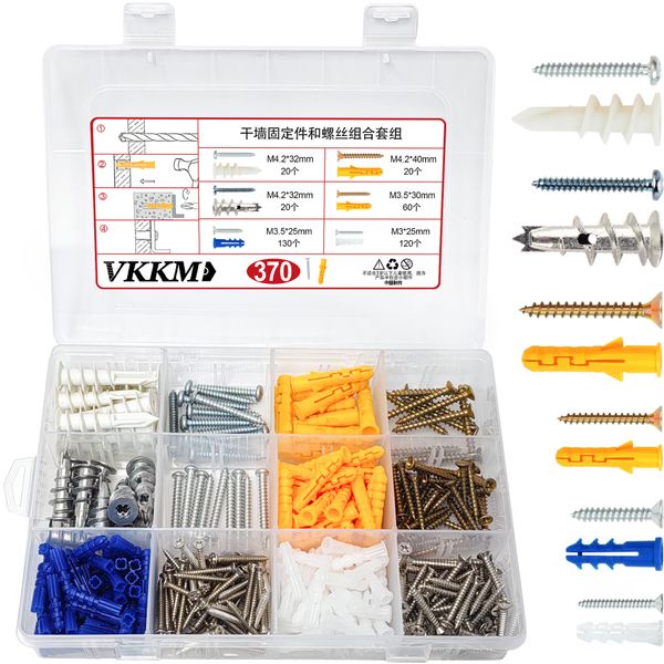 370PCS VKKM Drywall Anchors Kit 185 Plastic + 185 SS Screws, Self-Drilling 5 Sizes for Picture/Frame/Curtain/Art