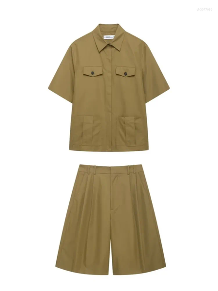 

Women's Tracksuits Fashion Casual 2 Piece Set Women 2025 Summer Commuting Pockets Button Green Shirt Top And Front Zipper Shorts Two Sets, Black