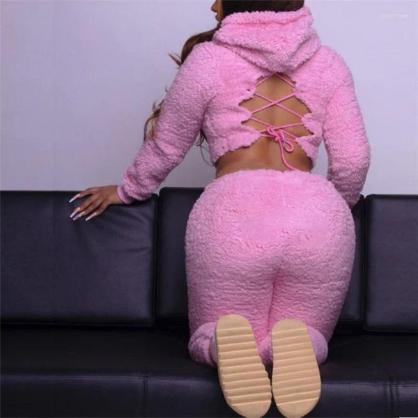 

Women's Two Piece Pants Women Winter Lamb Wool Sets Loungwear Outfit Pant Full Sleeve Open Back Lace Up Hooded Top Matching Party Clubwear, Blue