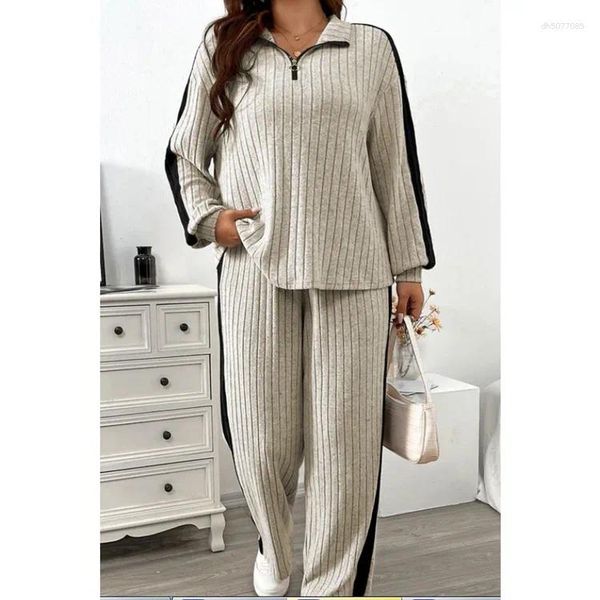 

Women' Two Piece Pants Ribbed Sportswear Set V Neck Zipper Top Casual Loose Solid Color Autumn And Winter 2-Piece Clothing, Light grey