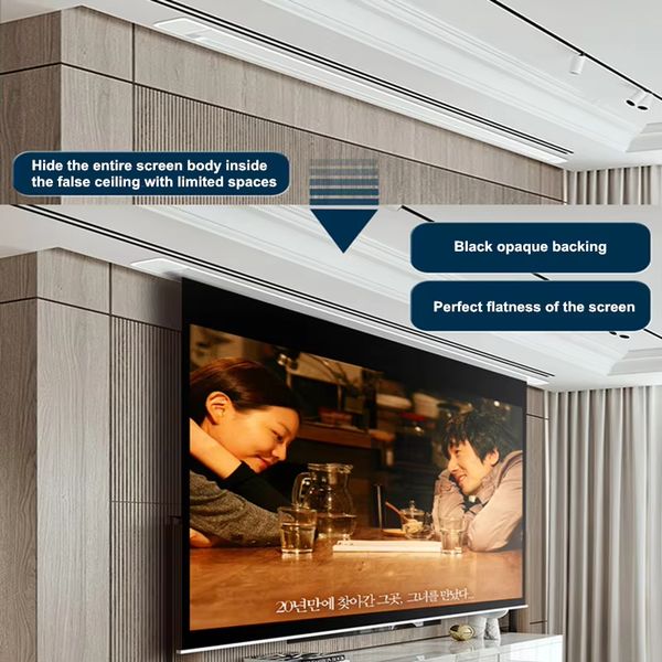 2025 NEW 16:9 Ceiling Recessed motorized projection screen (Somfy Motor) w/ IR Remote - Matte White Fabric