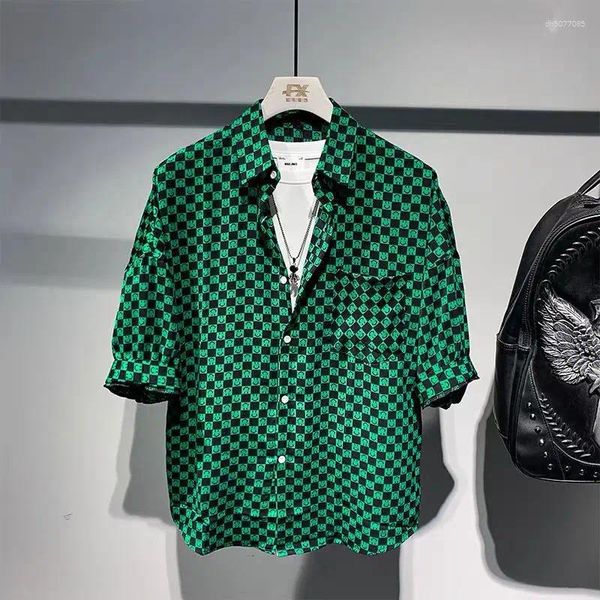

Men's Casual Shirts Fashionable Plaid Short-sleeved Shirt Loose Korean Version, Black
