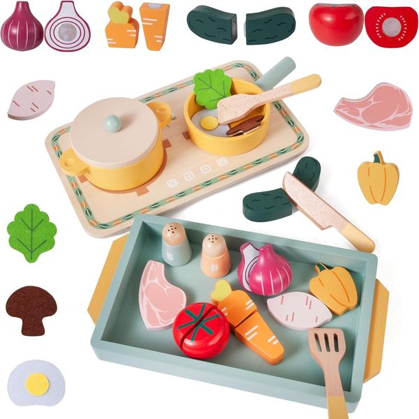 24pcs Pretend Play Kitchen Accessories Toddler Cooking Set, Wooden Toy Pot and Pan with Play Food Set for Kids Kitchen, Boys and Girls Birthday Gift