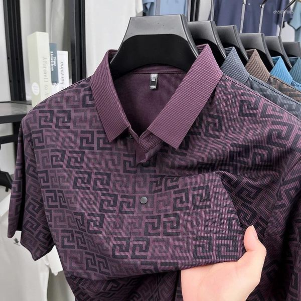 

Men's Polos High End Summer Printed Business Collar Polo Shirt Ice Silk Fashionable Casual T-Shirt Comfort Top Wear, Black